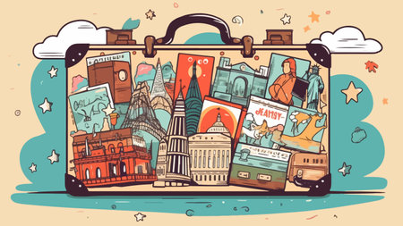 a suitcase adorned with stickers of landmarks from various countries against the backdrop of a world map featuring popular tourist destinations.のイラスト素材