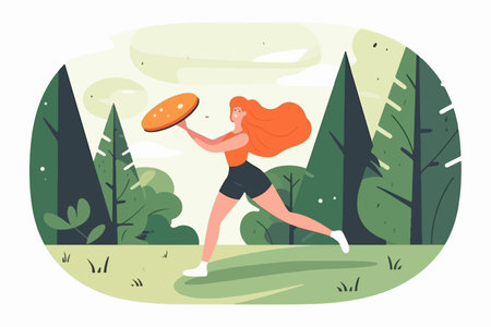 A happy, sporty girl playing with a frisbee in a park during summer, enjoying an active game in the forest. The illustration showcases the combination of sport and relaxation. Vector.のイラスト素材