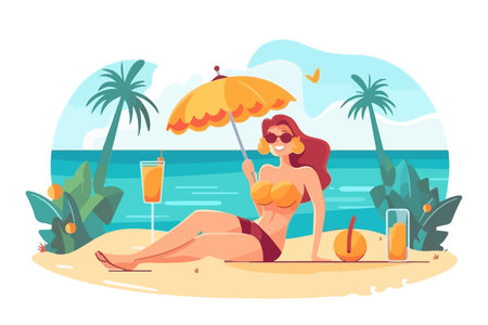 Happy woman in bikini relaxing on the beach with a drink. vector image.のイラスト素材