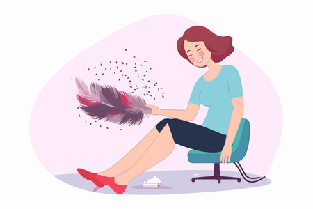 Smiling woman touches her legs with a soft feather. Happy girl with a feather. Epilation and hair removal. vector illustration.のイラスト素材