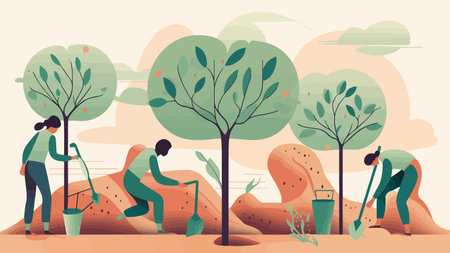 People planting trees and tending to plants, with a gradient background representing the transformation from a polluted environment to a clean, green planet.のイラスト素材