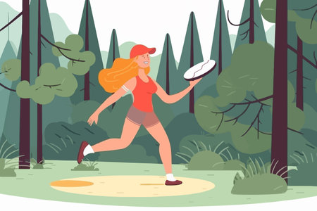 A happy, sporty girl playing with a frisbee in a park during summer, enjoying an active game in the forest. The illustration showcases the combination of sport and relaxation. Vector.のイラスト素材