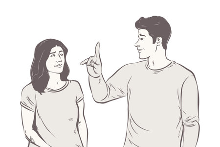 The man shows something in front. The happy couple is shown pointing their fingers at an empty space on the side. vector image.のイラスト素材