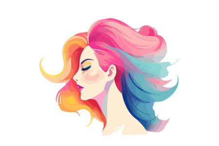 Happy woman with colorful hair. Creative female with unique hairstyle and hair color. beauty and cosmetics concept. vector illustration.のイラスト素材
