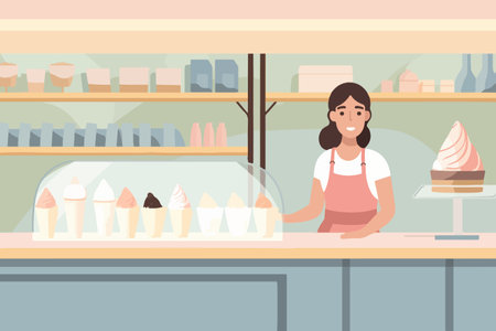 A female saleswoman with a smile standing by the counter of an ice cream shop, selling gelato in a cafe. vector image.のイラスト素材