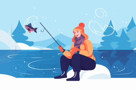 A happy woman catching fish while sitting on a frozen lake during winter. The illustration showcases the leisure activity of fishing as a hobby during weekends. Vector.のイラスト素材
