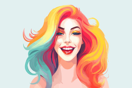 Happy woman with colorful hair. Creative female with unique hairstyle and hair color. beauty and cosmetics concept. vector illustration.のイラスト素材