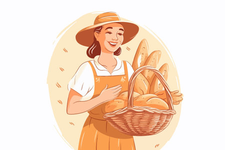 Happy woman in straw hat holding a basket of bread. bakery concept. vector image.のイラスト素材