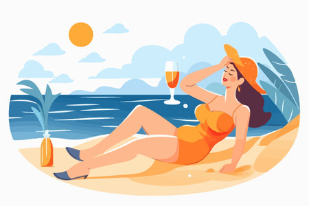 Happy woman in bikini relaxing on the beach with a drink. vector image.のイラスト素材