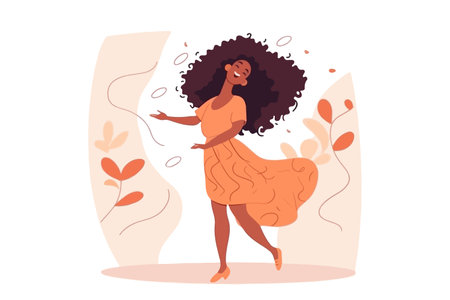 Smiling woman with curly hair enjoying a summer day. Happy girl walking and having fun outdoors. vector illustration.のイラスト素材