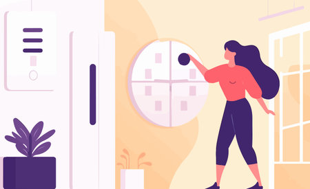 Smiling woman using smart home system on wall panel. Happy female user turning on security or alarm in her apartment. indoor technology. Vector.のイラスト素材