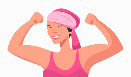Happy woman in pink headwear showing muscles beating cancer. vector image.のイラスト素材