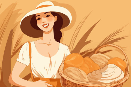 Happy woman in straw hat holding a basket of bread. bakery concept. vector image.のイラスト素材
