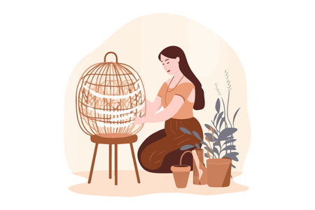 Woman weaving wicker basket at home. Creative and craft concept. vector illustration.のイラスト素材