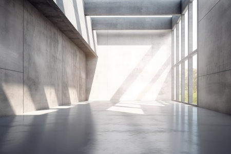 Abstract modern concrete exterior room with sunlight casting shadows from the roof - industrial background template with copy space. 3D illustration.の写真素材