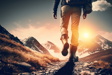 Hiker defies sky and sun - hiking concept. - Generative AI.の素材