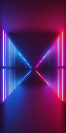 long corridor with red neon lines, with reflection on the floor and ceiling - Generative AI.の素材