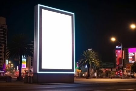 a blank mockup of a vertical neon LED billboard in Las Vegas, perfect for nighttime advertising with an empty copy space screen. Generative AI.の素材