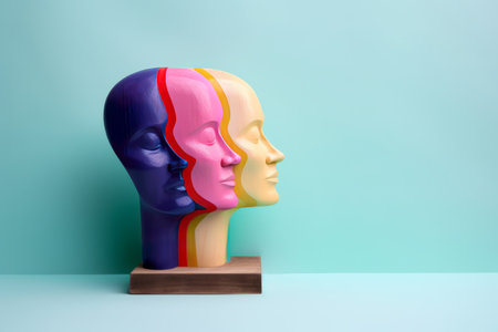 A wooden head showcasing various colors symbolizing diversity and inclusion.の写真素材