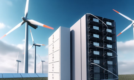 The energy storage system in lithium battery modules, complete with a solar panel and wind turbine in the background. 3d rendering. Generative AI.の素材
