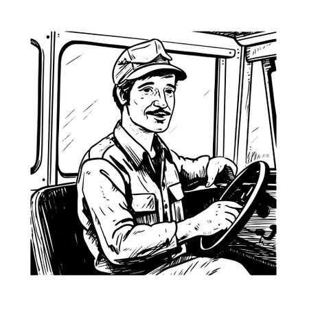 bus driver vector drawing. Isolated hand drawn, engraved style illustration.のイラスト素材