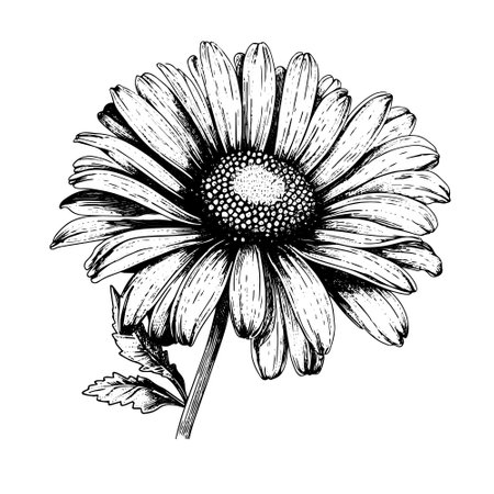 daisy vector drawing. Isolated hand drawn object, engraved style illustration.のイラスト素材