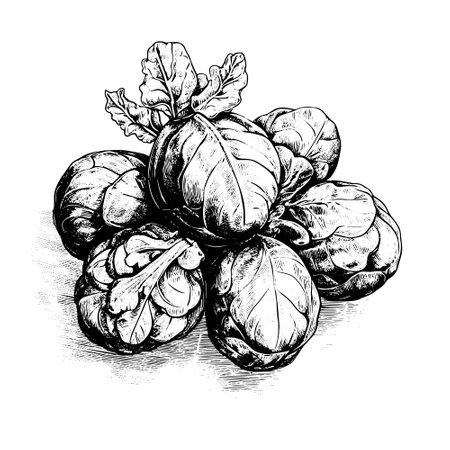 brussels sprouts vector drawing. Isolated hand drawn object, engraved style illustration.のイラスト素材