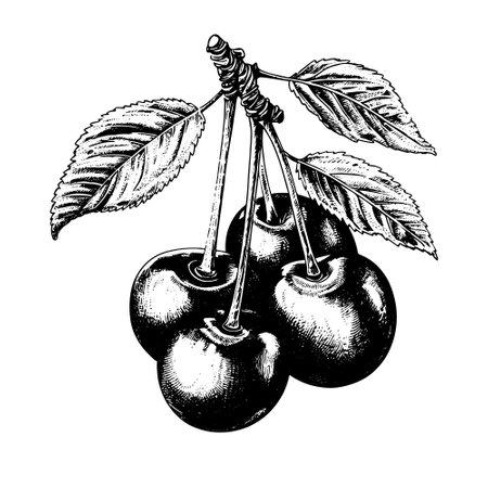 cherry vector drawing. Isolated hand drawn object, engraved style illustration.のイラスト素材