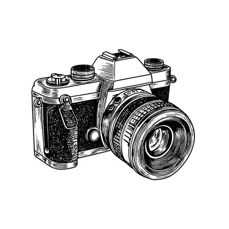 digital camera vector drawing. Isolated hand drawn object, engraved style illustration.のイラスト素材
