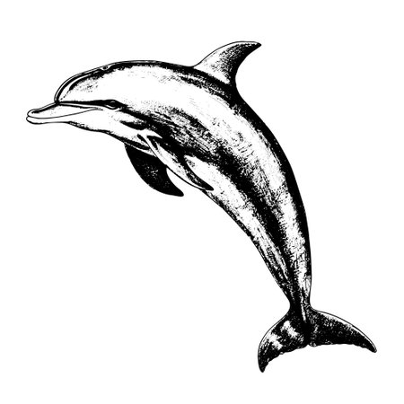 dolphin vector drawing. Isolated hand drawn object, engraved style illustration.のイラスト素材