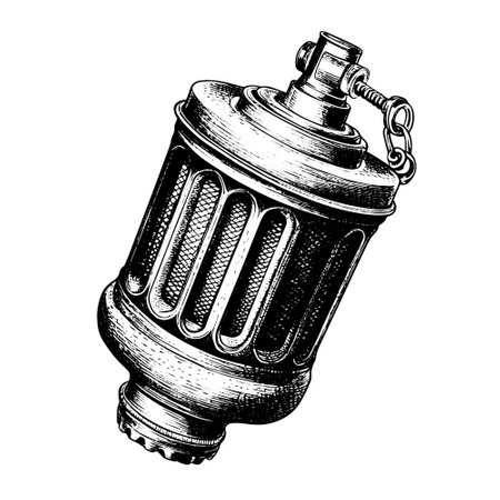 fuel filter vector drawing. Isolated hand drawn object, engraved style illustration.のイラスト素材