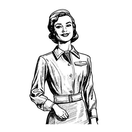 flight attendant vector drawing. Isolated hand drawn object, engraved style illustration.のイラスト素材