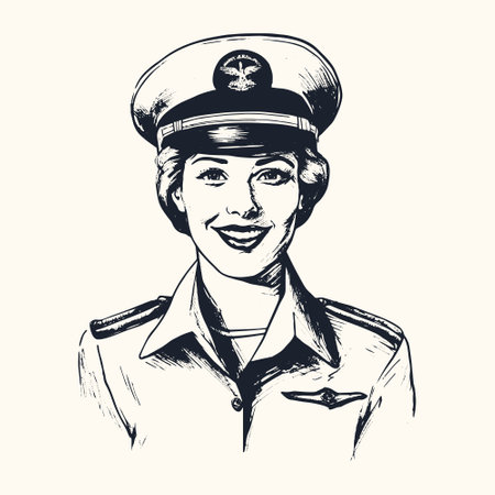 flight attendant vector drawing. Isolated hand drawn object, engraved style illustration.のイラスト素材