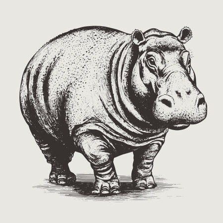 hippopotamus vector drawing. Isolated hand drawn, engraved style illustration.のイラスト素材