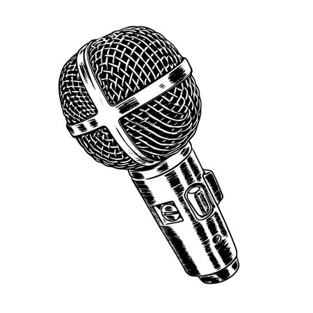 microphone vector drawing. Isolated hand drawn, engraved style illustration.のイラスト素材