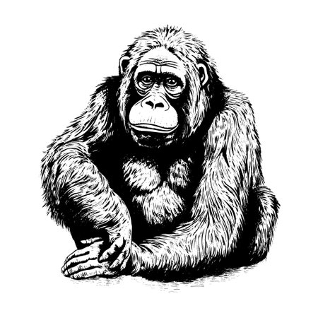 orangutan vector drawing. Isolated hand drawn, engraved style illustration.のイラスト素材
