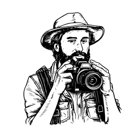 photographer vector drawing. Isolated hand drawn, engraved style illustration.のイラスト素材