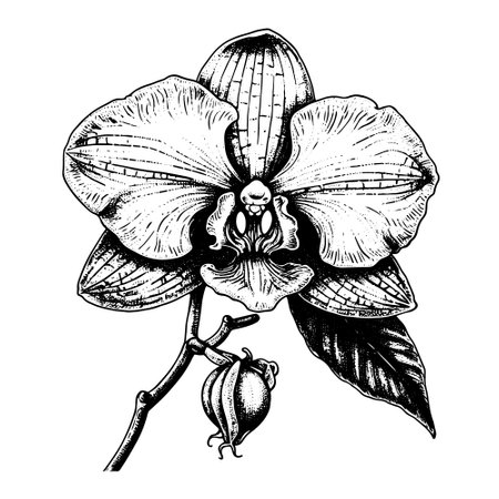 orchid vector drawing. Isolated hand drawn, engraved style illustration.のイラスト素材