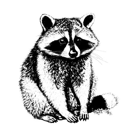 raccoon vector drawing. Isolated hand drawn, engraved style illustration.のイラスト素材