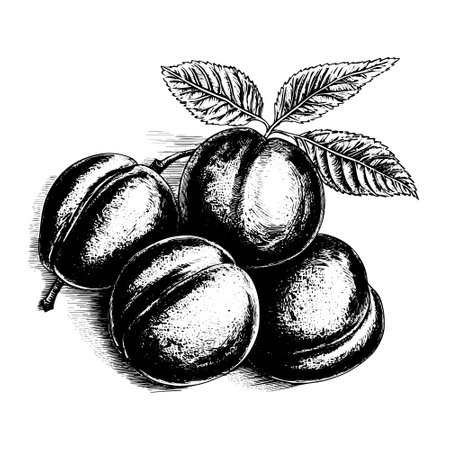 plum vector drawing. Isolated hand drawn, engraved style illustration.のイラスト素材