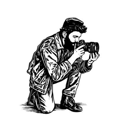 photographer vector drawing. Isolated hand drawn, engraved style illustration.