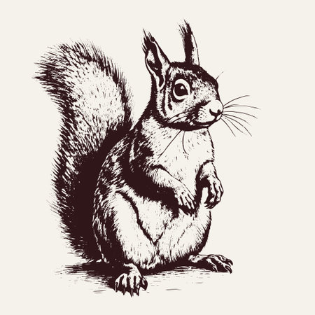 squirrel vector drawing. Isolated hand drawn, engraved style illustration.のイラスト素材