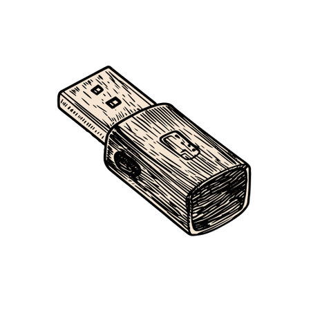 usb flash driver vector drawing. Isolated hand drawn, engraved style illustration.のイラスト素材