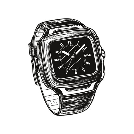 smart watch drawing. Isolated hand drawn, engraved style illustration.のイラスト素材