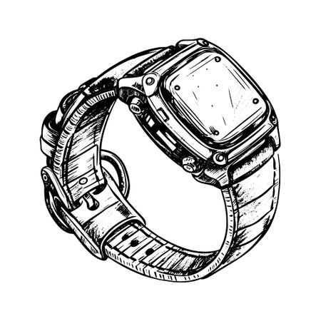 wearable tech vector drawing. Isolated hand drawn, engraved style illustration.のイラスト素材