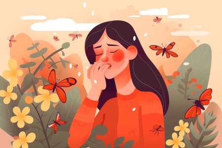 Unhappy sick young woman with red nose suffer from flower allergy. Ill girl struggle with pollen allergic reaction. healthcare concept.の写真素材
