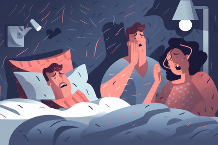 Unhappy couple in bed suffer from excessive noise unable to sleep. Upset distressed man and woman struggle with noisy neighbors.の写真素材