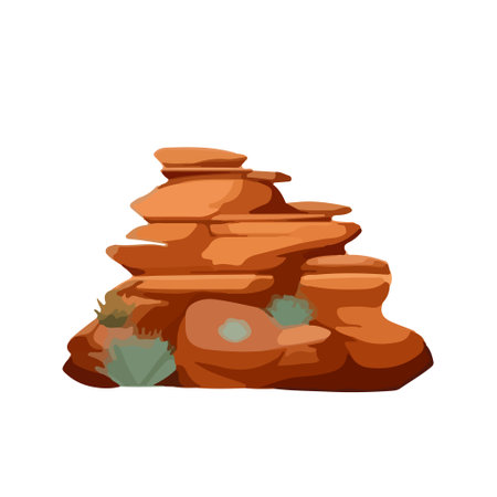 Hand-drawn vector illustrations of desert landscape elements, including cacti, rocks, sandstones, succulents, trees, and plants, in a cartoon style.のイラスト素材