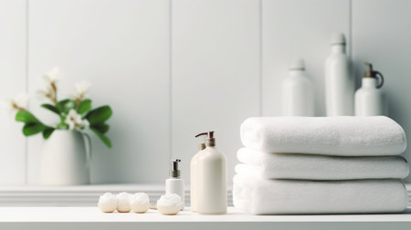 Spa Oasis: Serene Bathroom Retreat with Soft Towels and Luxurious Hygiene Products.の写真素材