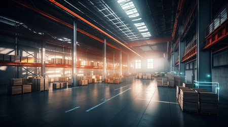 The interior of a spacious logistics warehouse - Generative AI.の素材